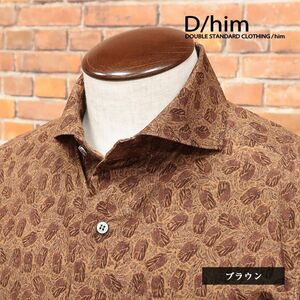 1円/秋冬/D/him/46サイズ/ボタニカル柄シャツ イタリア製コーデュロイ カッタウェイ 胸ポケット お洒落 長袖 新品/茶色/ブラウン/hb380/