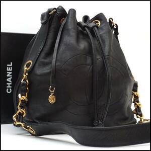 1円 美品 CHANEL シャネル デカ ココマーク 巾着 チェーン ショルダー バッグ ラムスキン レザー ゴールド 金具 レディース 保存袋付 黒