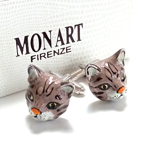 【mac189】新品　MON ART モンアート　カフス　カフリンクス ブラウン ガラス キャット/猫/ねこちゃん キジトラ イタリア製　定価14,300円