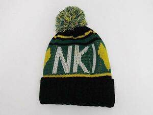 ハートぼんぼりニットキャップ 黒ブラック×緑グリーン / KNITCAP帽子ワッチ