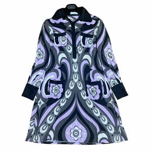 【希少】Emilio Pucci エミリオプッチ 膝丈ワンピース シャツ シルク混 花柄 プッチ柄 総柄 ボタン ポケット 38 Mサイズ相当 華やか 長袖