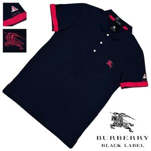 希少! 新品 バーバリーブラックレーベル BIGホース刺繍 エンブレムワッペン COOLMAX 2WAY 鹿の子 ポロシャツ 2/M 紺 BURBERRY BLACK LABEL