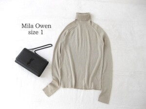 ☆美品☆Mila Owenミラオーウェン☆リブニット☆長袖☆ベージュ系☆1(M)☆ウール混☆タートルネック☆