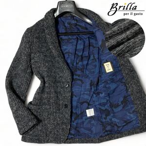 極希少◎縄編み【Brilla per il gusto】ニットジャケット/厚手 極上霜降りグレー/チャコール アンコン 総裏地/迷彩柄 ブリッラ 定価8.6万