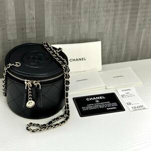 1円 CHANEL シャネル バニティ ラウンド マトラッセ ラムスキン ミニチェーンショルダーバッグ ココマーク ブラック ゴールド金具