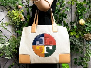 ●超美品●TORY BURCH トリーバーチ●エラ●キャンバス カーフ レザー 本革●トート バッグ●マルチカラー●G金具●B5 収納 書類●Js47176