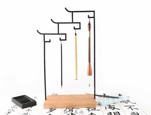 アクセサリースタンド 筆掛け 和モダン 三段 鋳鉄製のフック 木製台座