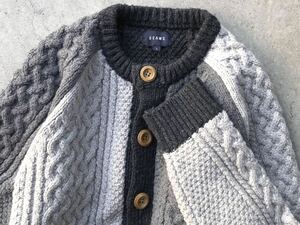 BEAMS ノーカラー仕様 クレイジーパターン ケーブル編み 肉厚 ウールニットカーディガン L ビームス メンズ セーター ジャケット