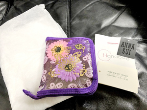 【新品】ANNA SUI アナスイ エコバッグ　　レア！　花・蝶々　白の保存袋付　造花　バッグ　バック　紫×黒　買物袋　ショッピングバッグ