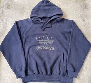 80s90s USA製 万国旗タグ adidas オールド アディダス スウェット パーカー M ビンテージ ネイビー トレフォイル 刺繍 ロゴ バレンシアガ