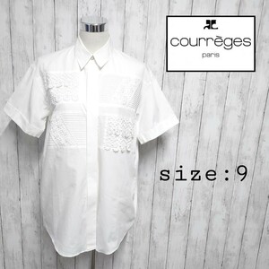 courreges クレージュ 刺繍 半袖 シャツ ホワイト 9 M相当