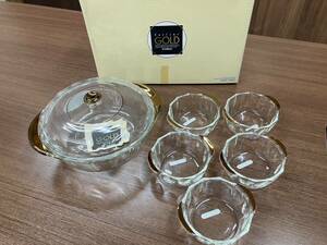 PYREX パイレックス GOLD cutline ガラス 食器 セット 小皿 5客 耐熱 ボウル 蓋付き 保管品　管No.3893-2