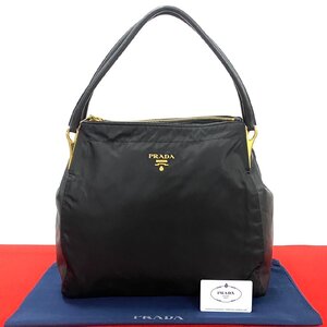 極 美品 希少品 PRADA プラダ ロゴ 金具 ナイロン レザー 本革 トートバッグ セミ ショルダーバッグ ハンドバッグ ブラック 331-1