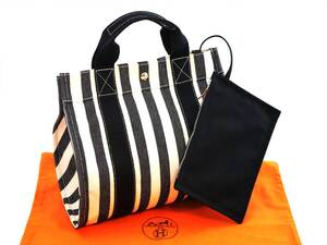 新品同様 エルメス カンヌ PM ブラック ホワイト ストライプ HERMES キャンバス 2WAY トートバッグ ポーチ付 バッグ 防水/クリーニング