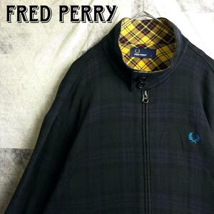 美品 FRED PERRY フレッドペリー ブラックウォッチ柄 ハリントンジャケット スイングトップブルゾン 刺繍ロゴ グリーン×ネイビー 緑・紺 L