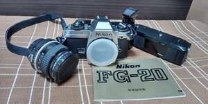 ジャンク Nikon FG-20 フィルムカメラ 取説付 NIKKOR 35mm モータードライブMD-14 Kenko フィルター ☆キズ有 ストラップ付ニコン 日本製