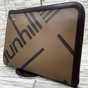 未使用級 近年物 dunhill ダンヒル ラゲッジキャンバス クラッチバッグ セカンドバッグ ジップフォリオ A4収納 デカロゴ PVC レザー 茶色