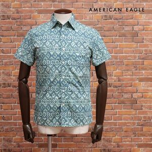 春夏/AMERICAN EAGLE/Mサイズ/総柄シャツ 2154-5992 さらっと綿 ストレッチ 幾何学 胸ポケット 半袖 新品/緑/グリーン/ih129/