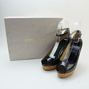 美品 JIMMY CHOO ジミーチュウ 37 23.5 パンプス アンクルストラップ ヒール コルク エナメル 黒 ブラック 保存箱付き/XC7