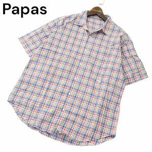 Papas パパス 春夏 ゆったり♪ ロゴ 半袖 チェック シャツ Sz.M　メンズ　A4T06718_6#A