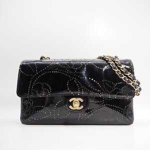 ヤフオク特価 シャネル CHANEL エナメル カメリア パンチング Wチェーンショルダーバッグ 黒 中古 A263