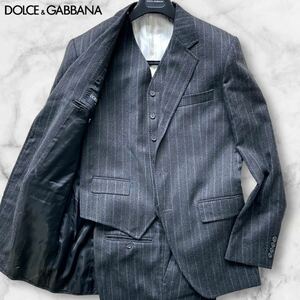 定価35万!!!圧巻の3ピース!!!ドルチェ&ガッバーナ DOLCE&GABBANA セットアップ スーツ ストライプ ジャケット ウール グレー 50 XL相当