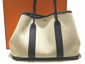 まだ美品 HERMES エルメス ガーデンパーティ PM ☆ D刻印 トワルシェブロン ネイビー系 レザー ナチュラル キャンバス トートバッグ ▼ 6I