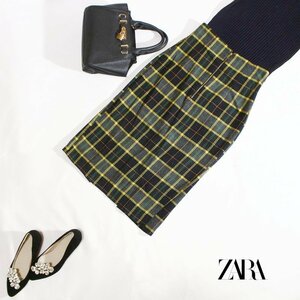 美品 ZARA ザラ ベーシック ■ 上品 綺麗め チェック 柄 ミモレ丈 ウール風 タイトスカート ロングスカート XS ブラック 黒 イエロー 黄色