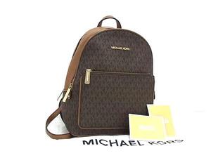 1円 ■新品同様■ MICHAEL KORS マイケルコース MK柄 PVC×レザー リュックサック バックパック レディース ブラウン系 FL0039