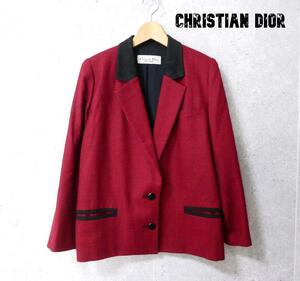 美品 Christian Dior クリスチャンディオール 格子柄 シングル 2B ミドル丈 スエード 異素材切り替え テーラードジャケット 赤 レッド