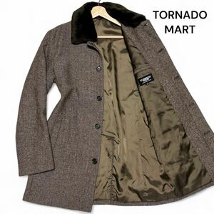 美麗品◎Mサイズ トルネードマート【紳士の憧れ】TORNADO MART ヘリンボーン ボア 比翼 ロングコート ステンカラーコート ブラウン◎メンズ