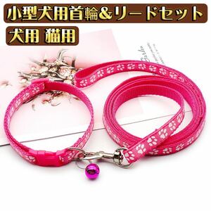 首輪リード ハーネスリード 2点セット ペット用品 ペットグッズ 犬用 イヌ ドッグ 猫用 小型犬 足跡柄 おしゃれ ピンク