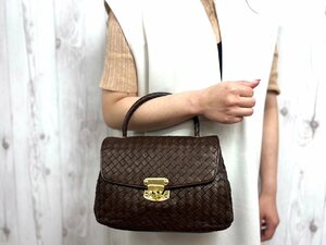 極美品 BOTTEGAVENETA ボッテガヴェネタ イントレチャート ハンドバッグ バッグ レザー 茶 72066