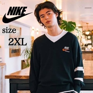 定価18,150円 新品未使用 NIKE 2XLサイズ ナイキ トレンド セーター ビンテージ 厚手 ニット Vネック 刺繍ロゴ ブラック 黒 白 正規品