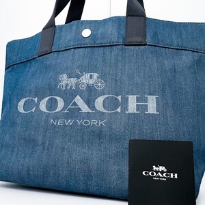 1円■超美品■COACH コーチ デニム ロゴドン 馬車 トートバッグ ビジネス ブリーフケース 大容量 A4 メンズ レディース レザー ブルー