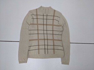 5．カシミヤ 100% good-i Cashmere イズミヤ カシミア100 格子柄 モックネックニットセーター レディースL ベージュ茶系 x205