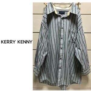 【送料込み】　KERRY KENNY 綿　麻　マルチ　ストライプ　長袖　シャツ　5L ストライプシャツ　ビッグサイズ　古着　大きいサイズ　メンズ