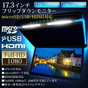 USBメモリ micro SDカード対応 最大64GB 17.3インチ フリップダウンモニター FullHD HDMIポート搭載 ルームランプ ブルー イルミネーション