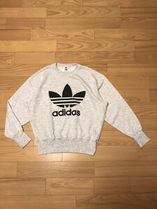 良品☆デサント製／80s-90s adidas・アディダス 希少サイズO.メンズXL寸 裏毛パイル地.スウェットシャツ 長リブ&超BIG三つ葉ロゴ /ジャージ