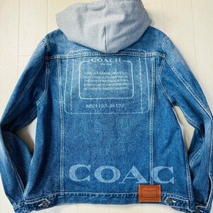 タグ付き未使用/XLサイズ★コーチ/COACH バックロゴプリント デニムジャケット Gジャン フード付 レザーワッペン 本革 メンズ インディゴ