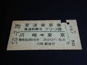 【普通乗車券/普通列車用グリーン券(A型一葉券)】　川崎→東京　S50.2.28