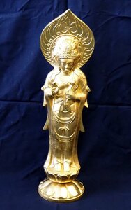 ★☆【　銅製　聖観世音菩薩像　高45cm　金色　】仏像　観音様　仏教美術　ブロンズ像　金属工芸　　☆★