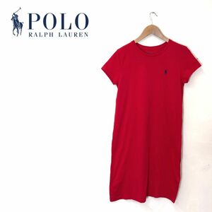 G2564-U◆POLO RALPH LAUREN ポロラルフローレン Tシャツワンピース 半袖 膝丈 刺繍ロゴ シンプル カジュアル◆size M165/92A レッド 綿