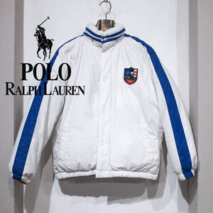 M / 90s POLO by RALPH LAUREN ポロラルフローレンSUICIDE SKI スーサイドスキー パッチ ダウン ジャケット 白 青 ヴィンテージ 古着