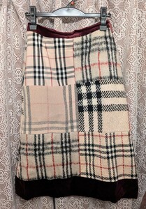 BURBERRY■ENGLAND■台形スカート■ノバチェック柄■パッチワーク配列×エンジベロア■WOOLウール100%■レア希少/ヴィンテージ■自宅保管品