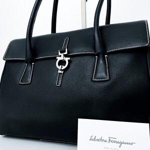 1円■未使用級■Salvatore Ferragamo フェラガモ ガンチーニ 二層式 肩掛け トートバッグ ビジネス メンズ レディース レザー ブラック 黒