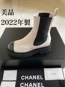 美品 2022年 シャネル 厚底 サイドゴア 白黒 アンクル ショート ブーツ 36 23cm 箱 保存袋 取説付属 CHANEL