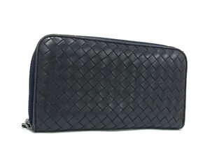 1円 BOTTEGA VENETA ボッテガヴェネタ イントレチャート レザー ラウンドファスナー 長財布 ウォレット メンズ ネイビー系 BJ6647