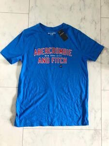 新品 Abercrombie & Fitch アバクロ アバクロンビー&フィッチ キッズ 子供 Tシャツ 13/14 ブルー　刺繍 Uネック 140 150