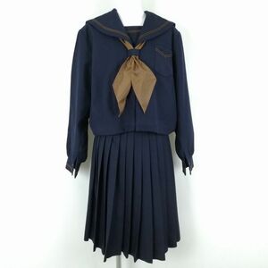 1円 セーラー服 スカート スカーフ 上下3点セット 180A 大きいサイズ 特大 冬物 茶2本線 女子 学生服 中学 高校 紺 中古 ランクC NA7620